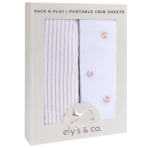 Ely’s & Co. Pack and Play Sheets, for Mini/Portable Crib, 2 Pack Fitted Playpen Play Yard Sheet Set Compatible with Graco Pack n Play, for Baby Girls, 100% Cotton, Pink Tulips and Stripes, 38”x24”x5”