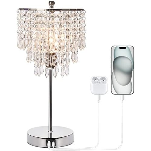Touch Control Crystal Lamp with Charging Ports, 3-Way Dimmable Bedside Touch Nightlight, B11 LED Bulb Included