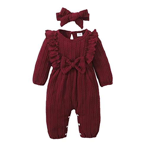 Happy Town Baby Girl Romper Infant Fall Winter Clothes Ruffle Sweater Long Sleeve Bodysuit Jumpsuit and Headband