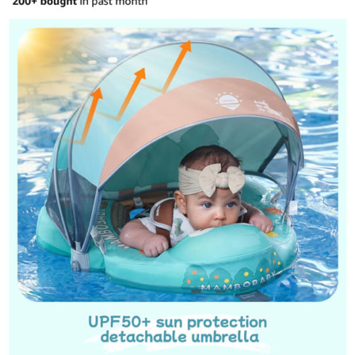 Mambobaby Float with Canopy and Tail New Upgraded Non-Inflatable Baby Pool Float Mambo Float Swim Trainer Solid Infant Swim Float Adjustable Pearl Foam Baby Swim Ring
