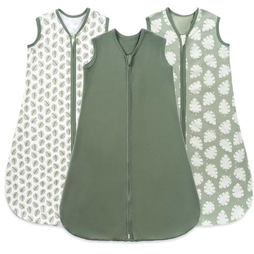 Baby Sleep Sack 6-12 Months, 100% Organic Cotton Wearable Blanket for Babies, 2-Way Zipper TOG 0.5 Lightweight Breathable Baby Sleeping Bag, 4 Sizes-M Leaf＆Green 006 MAW6