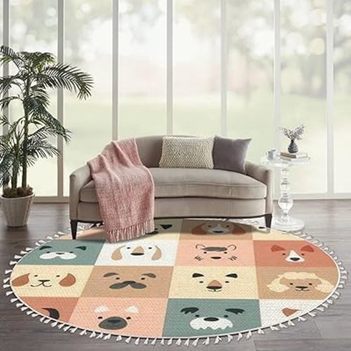 Round Boho Rug Cute Dogs for Kids and Baby Animals Nursery Poster for Greeting Cards Area Rug Linen Rug Carpet Patio Rug Hallway Runner Rug Mat Pad Minimalist Home Decor for Living Room Outdoor 6ft