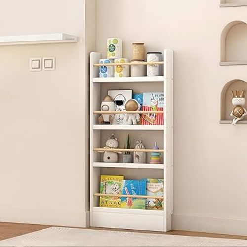 Behind The Door Bookshelf, Behind Door Bookshelf, 4-Tier Book Shelf, Narrow Thin Bookshelf for Kids, Space Saving, Anti-tip, Wall Mounted Book Toy Organizer for Bedroom, Living Room, Office