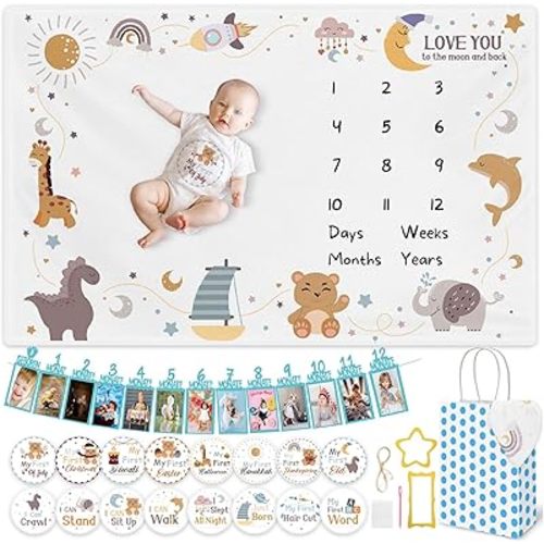Leorate Monthly Milestone Blanket for Baby Ultra Soft Plush Photo Calendar Monthly Growth Chart, 60"x40" Newborn Month Blanket for Baby Pictures Perfect for Baby's First Year Growth Chart