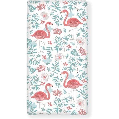 Pink Flamingo Fitted Crib Sheet for Boys Girls Green Leaf Botanical Baby Sheet for Standard Crib and Toddler Abstract Ornate Nature Nursery Bed Mattress Sheets 28"x52"