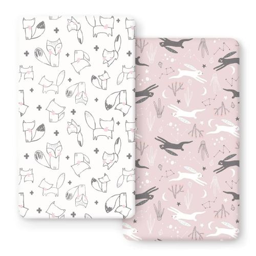 GRSSDER Stretchy Ultra Soft Jersey Knit Fitted Crib Sheets Set 2 Pack, Cozy Crib Sheet Girl Fits All Standard Crib Mattress Pads, Cute Foxes and Rabbits Print