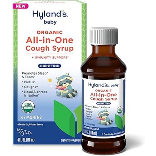 Hyland's Baby Organic All in One Nighttime Cough Syrup + Immune Support with Elderberry, Vitamin C, Zinc & Chamomile, 4 Fl Oz