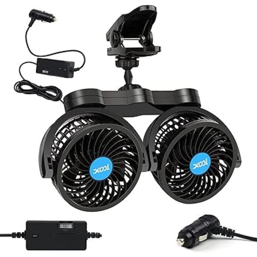 XOOL Clip Car Fan, Adjustable Dual Head 4 Inches 12V Fan for Front/Rear Seat Passenger, 360° Rotatable Electric Car Cooling Fans with Stepless Speed Regulation for SUV, RV, Vehicles