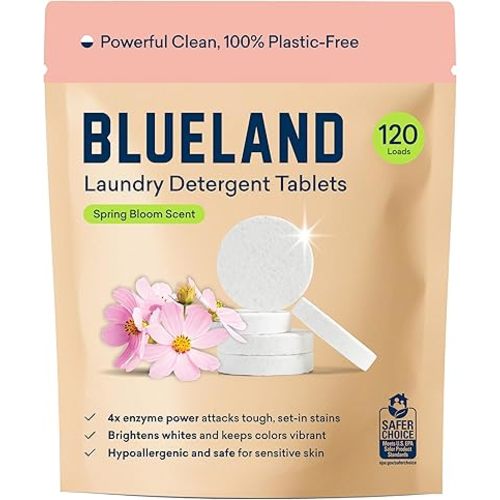 BLUELAND Laundry Detergent Tablets, 120 Count, Spring Bloom Scent, Plastic-Free Eco-Friendly Pods, Sheets, Liquid Alternative - Natural, Gentle, Non Toxic