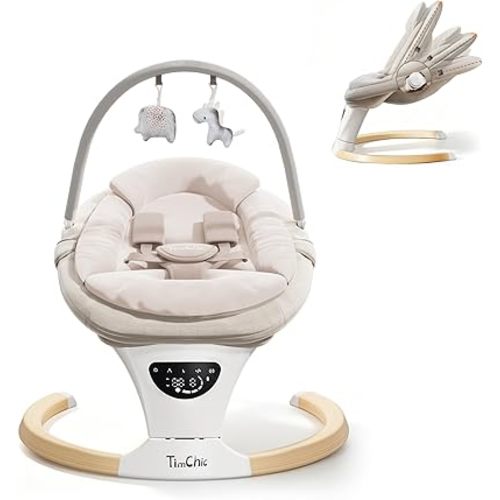 Baby Swings for Infants, Portable Infant Swing with 5-Speeds, 3-Adjustable Height, 3 Timer & 12 Preset Melodies, Mutil-Function Electric Swing for Baby, Indoor & Outdoor Use (Beige)