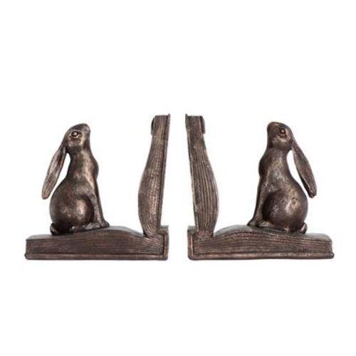 Storied Home Decorative Rustic Resin Rabbit on Book Bookends, Bronze, Set of 2