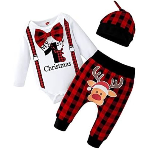 My 1st Christmas Oufit Christmas Baby Boy Outfit Baby Boy Clothes Infant Romper Red Plaid Pants Hat 3Pcs 0-18 Months