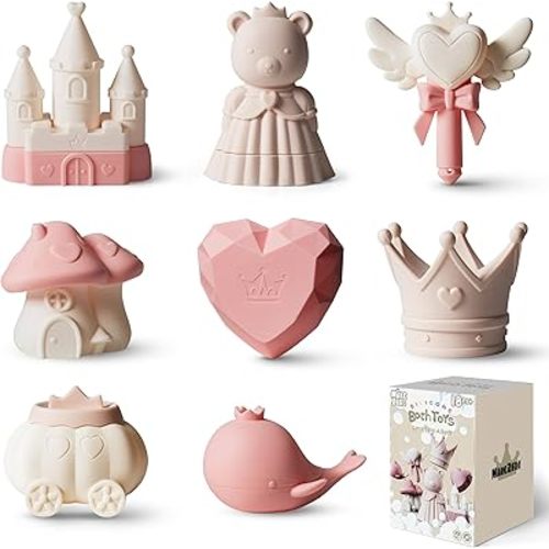 MarcZero Princess Silicone Bath Toys 8Pcs for Toddlers Kids Babies,Bathtub Water Toys,Soft&Squeezable&Easy-Grip Pool Toys Set (Pink)