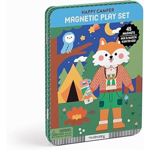 Mudpuppy Happy Camper – Magnetic Build-It Travel Friendly Game with Illustrated Forest Background Scenes Including 2 Furry Characters and Over 40 Mix and Match Magnets for Children Ages 4 and Up