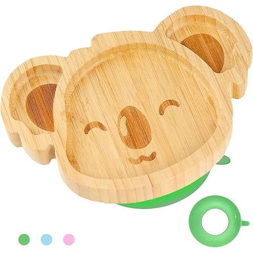 Bamboo Baby Plates with Suction - Natural Feeding Dishes for Babies and Toddlers, Perfect for Led Weaning, Non-Slip Design | Ideal Present for Kids (Green)
