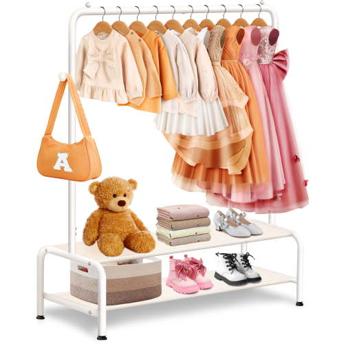 Kids Clothing Rack - Dress Up Clothes Rack - Baby Toddler Closet - Mini Freestanding Coat Racks with 2 Shelves - Garment Rack for Hanging Clothes Organizer