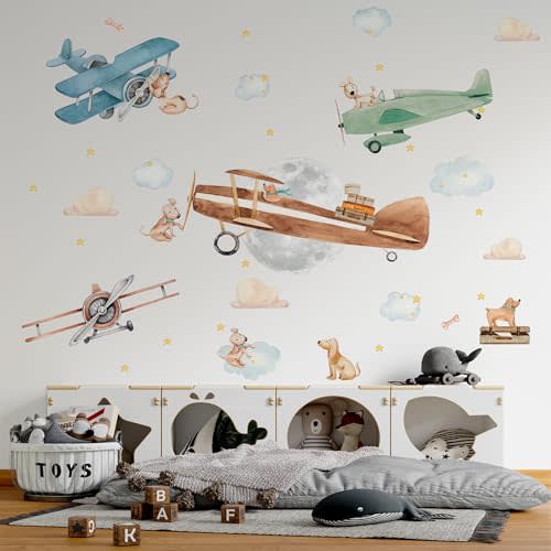 Large Airplane Wall Decals for Kids by Lipastick - 47 pcs Premium Kids Wall Stickers Aircrafts - Creative Nursery Wall Decal - Plane Vinyl Wall Decals for Baby Nursery Children Room Bedroom M Size