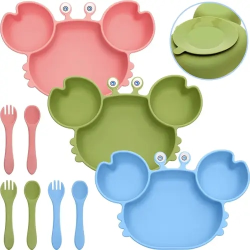 3 Sets Baby Plates with Suction Crab Suction Plates for Baby Animal Baby Dishes Baby Spoon Fork Set for Toddlers Include 3 Spoons 3 Forks Toddler Plates for Feeding Eating Training, 3 Colors