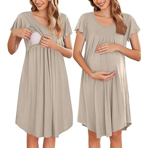 Ekouaer Nursing Nightown Labor and Delivery Gown for Hospital Pleated Breastfeeding Dress Short Sleeve Maternity Sleepwear