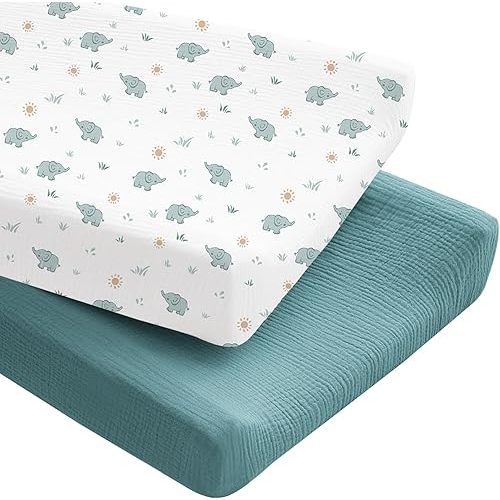 Konssy 2 Pack Muslin Changing Pad Covers for Boys, Ultra Soft & Breathable Cotton Baby Diaper Changing Table Covers, Neutral Nursery Diaper Changing Pad Sheets (Elephant,Teal)
