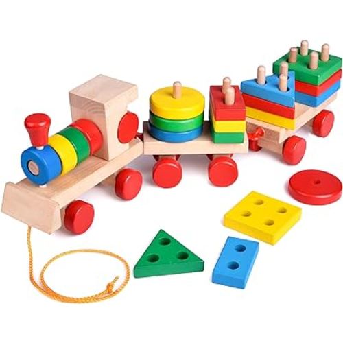FUN LITTLE TOYS Stacking Train, Shape Sorter Wooden Toys(23 pcs), Sorting & Stacking Toys for Toddler 2-3, Montessori Toys for 1 2 3 Year Old Boy Girl Gifts, Kids Wooden Train Toy