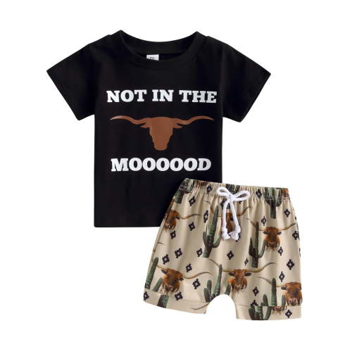 Baby Boy Summer Clothes Letter T Shirt 6M 12M 18M 24M 3Y Cow Print Retro Boho Jogger Pants Toddlers Country Cowboy Shorts Set