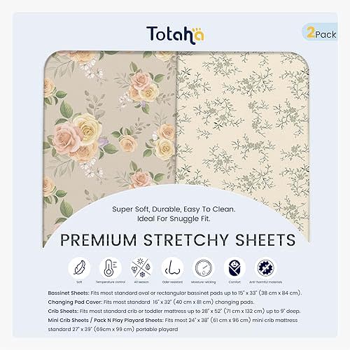 TotAha Premium Soft Pack n Play Sheets, Super Stretchy Jersey Knit Mini Crib Sheets Fitted, Silky Comfort Pack and Play Mattress Sheets, 2 Pack (Vintage Rose & Brunch)