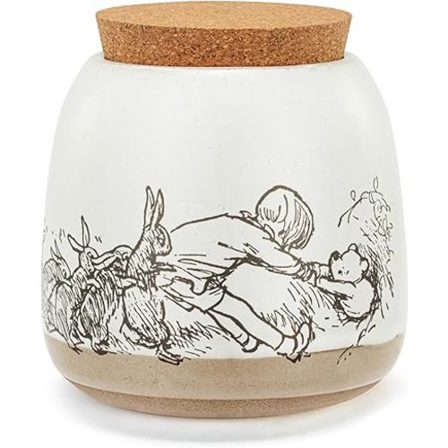 DEMDACO Pooh Classic Yellow Bear Everyday Collection Helping Hands Pooh Classic Yellow Bear Cream Small 4.5 x 3.5 Stoneware with Cork Lid Cookie Storage Jar Canister