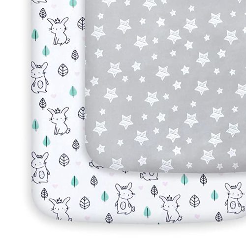 Pack and Play Sheets, 2 Pack Mini Crib Sheets, Stretchy Playard Fitted Sheet, Compatible with Graco Pack n Play, Soft and Breathable Material, Stars & Bunny - Stars&bunny - playard sheet