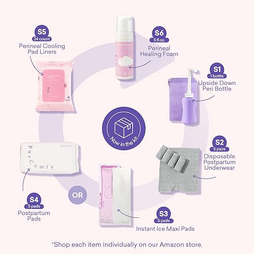 PurComfy 18 Pcs Postpartum Essentials Recovery Kit, Includes 5 Disposable Underwear, 24 Perineal Soothing Pad Liners, Perineal Soothing Foam, 5 Instant Ice Pads, Peri Bottle and 5 Postpartum Pads