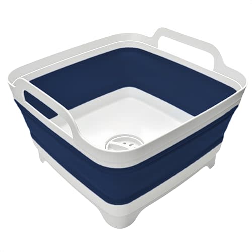 Collapsible Wash Basin 9L, Foldable Dish Tub with Drain Plug, Portable Collapsible Dish Basin, Camping Sink for Washing Dishes, Laundry & Kitchen Use (Navy Blue)