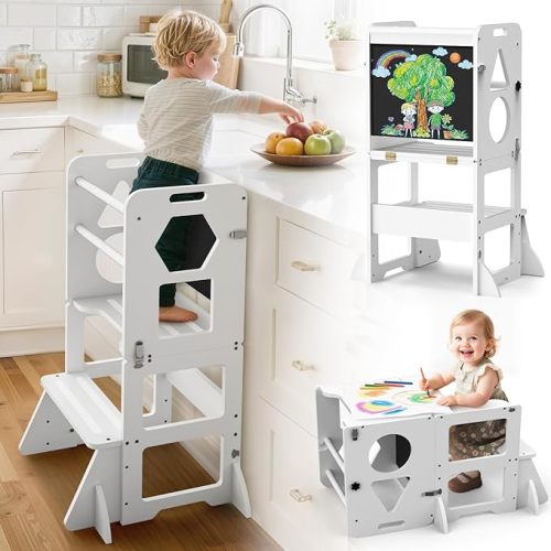 6 in-1 Toddler Kitchen Step Stool with Wooden Stool, Foldable Learning Standing Tower with Blackboard & Feeding Tray, Wooden Kitchen Stool Helper for Kids, 1-3 Year Old Boy Girl Gifts