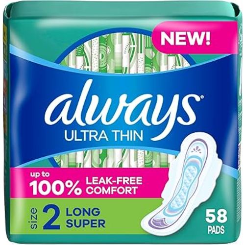 Always Ultra Thin Feminine Pads For Women, Size 2 Long Super Absorbency, With Wings, Unscented, 58 Count