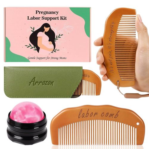 Arrozon 2 Pcs Labor Comb & Massage Roller Ball Kit, Birthing Comb Labor and Delivery Essentials, Birth comb Hospital Bag Essentials, Wooden Combs Baby Shower Gifts, Pain Relief Pregnancy Must Haves