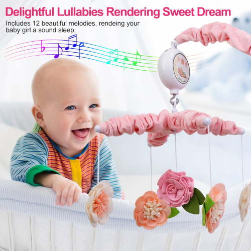 Baby Mobile for Crib TeqHome Pink Floral Musical Crib Mobile for Baby Girls Digital Music Box with 12 Melodies 3 Modes