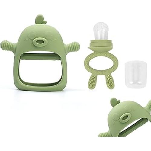 Baby Teething Toy Infants 3+ Months Set, 2 Pack-1 Baby Food Feeder & 1 Baby Teether, Anti Dropping Wrist Hand Teethers Baby Chew Toys for Sucking Needs, BPA Free (Green)