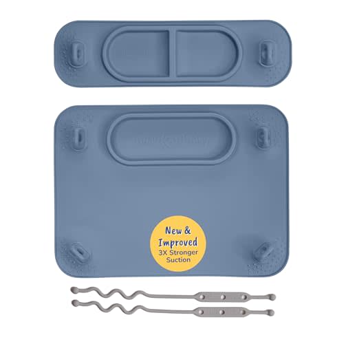 BUSY BABY Silicone Mat Bundle - 1 Original Mat Plus 1 Mini Mat, New Stronger Suction Cups, 6 Straps to Secure Baby Essentials and Keep Them Off The Floor, Baby Led Weaning, Wet Bag Included (Pewter)