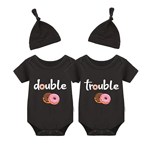 YSCULBUTOL Baby Twins Bodysuits Funny Double Trouble Cute Girl Romper Twin Jumpsuits Hat Set