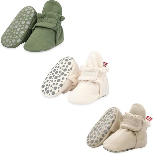 Zutano Cotton Baby Booties with Gripper Soles, Soft Sole Stay-On Baby Shoes, Bundle, Olive/Cream/Khaki, 6M