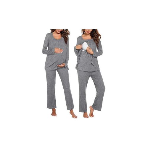Ekouaer Maternity Nursing Pajama Set Long Sleeve Top & Pants with Pockets Breastfeeding Sleepwear Double Layer Pregnancy Grey M
