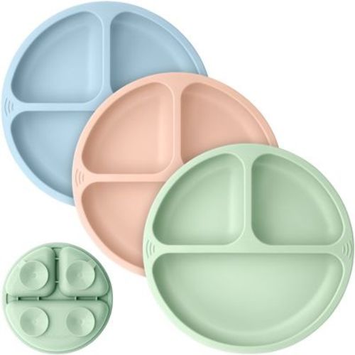 3-pack Prep Suction Plates For Baby, 100% Silicone Toddler Plates, Bpa-free Divided Baby Plates With Suction (burgundy)