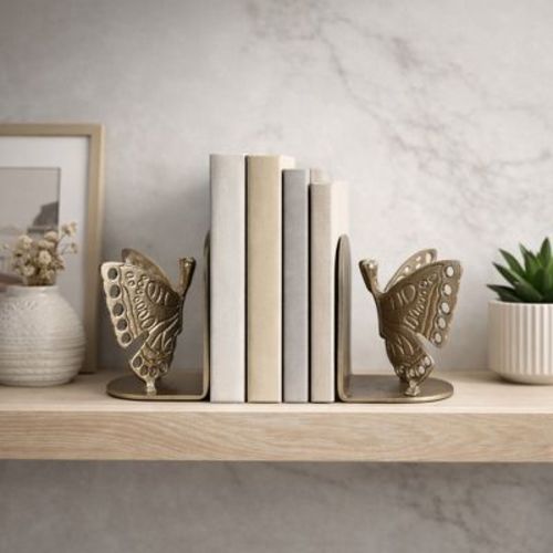 Decorative Butterfly Book Ends for Bookshelf Decor - Elegant Metal Book Accessories for Office Desk and Home Library Decor - Set of 2, 6", Gold