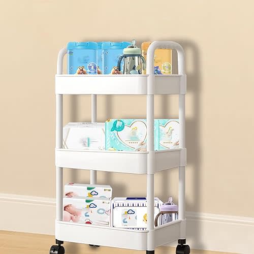 Baby Diaper Caddy, Plastic Movable Diaper Cart with Wheels Newborn Nursery Essentials Baby Diapers Organizer for Changing Table & Crib, Easy to Assemble, White