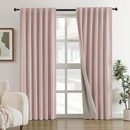 HOMEIDEAS Full Chenille Blackout Curtains for Bedroom Blush Pink Curtains 96 Inch Length 2 Panels for Living Room Thermal Insulated Black Out Grommet Window Drapes, W52 x L96