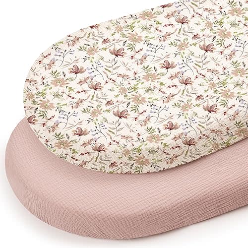 lulumoon Baby Bassinet Sheets Muslin: Soft Fitted Bassinet Sheets Floral for Girls - Fit for Oval Rectangle or Hourglass Mattress