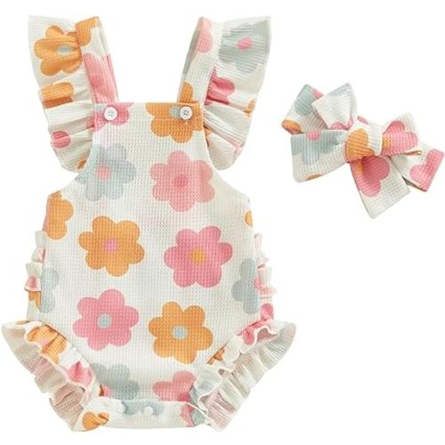 Infant Baby Girl Summer Clothes Outfits Cute Print Fly Sleeve Romper Jumpsuit Bodysuit with Headband