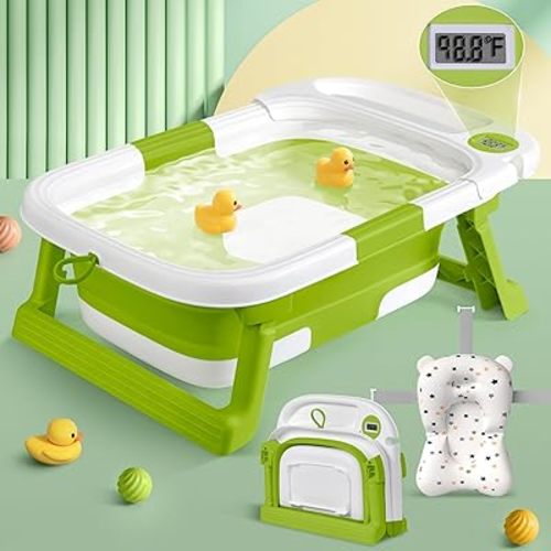 Collapsible Baby Bathtub for Newborn to Toddler, Portable Foldable Baby Bathtub with Soft Cushion and Water Thermometer,No-Slip Hanging Travel Infants Bathtub for 0-36 Months,Green