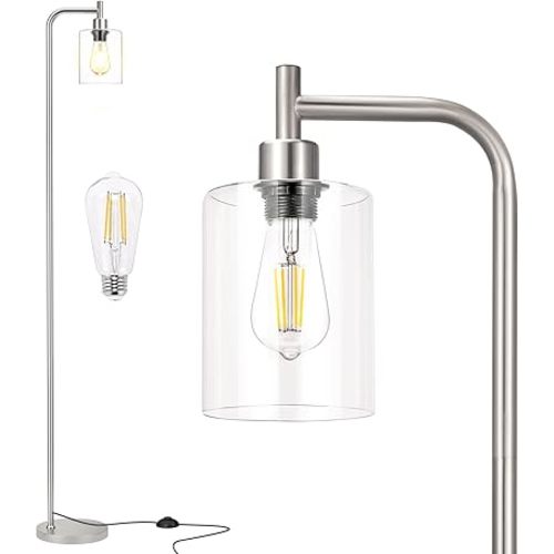 Floor Lamps for Living Room - Industrial Standing Lamp with Glass Shade, Modern Floor Lamp with LED Bulbs, Tall Lamp for Bedroom Office - Brushed Nickel