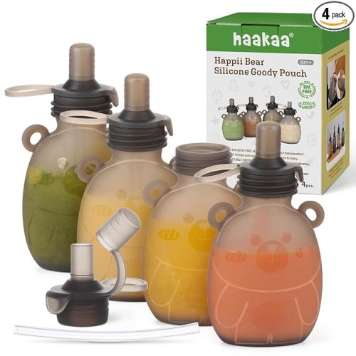 Haakaa Happii Bear Silicone Goody Pouch,Reusable Baby Food Pouches for Homemade Organic Purees, Juices, Smoothies, and Yogurt - Perfect for Toddlers and Kids - 4 Pack, 6oz