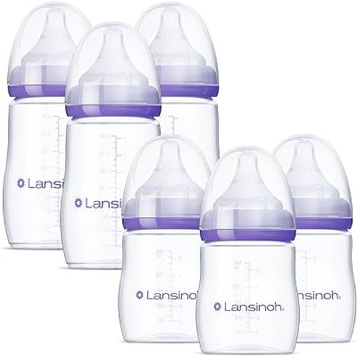 Lansinoh Anti-Colic Baby Bottles for Feeding Babies, 3 Count Each of 5 Ounces and 8 Ounces, 6 Bottles Total, includes 3 Medium Flow Nipples (Size M) and 3 Slow Flow Nipples (Size S)
